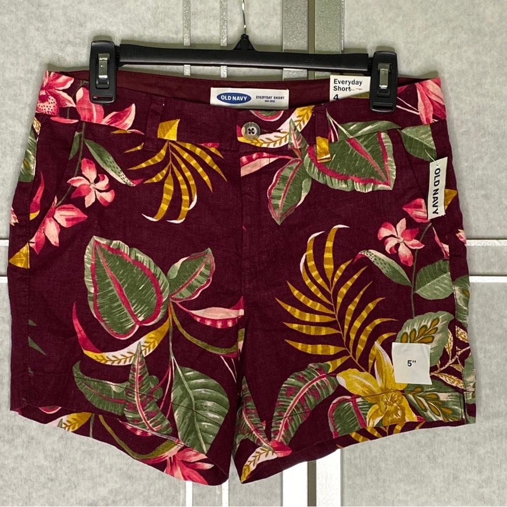 Old Navy Everyday Shorts Midrise Sz 4 Burgundy Floral Tropical Linen Blend New